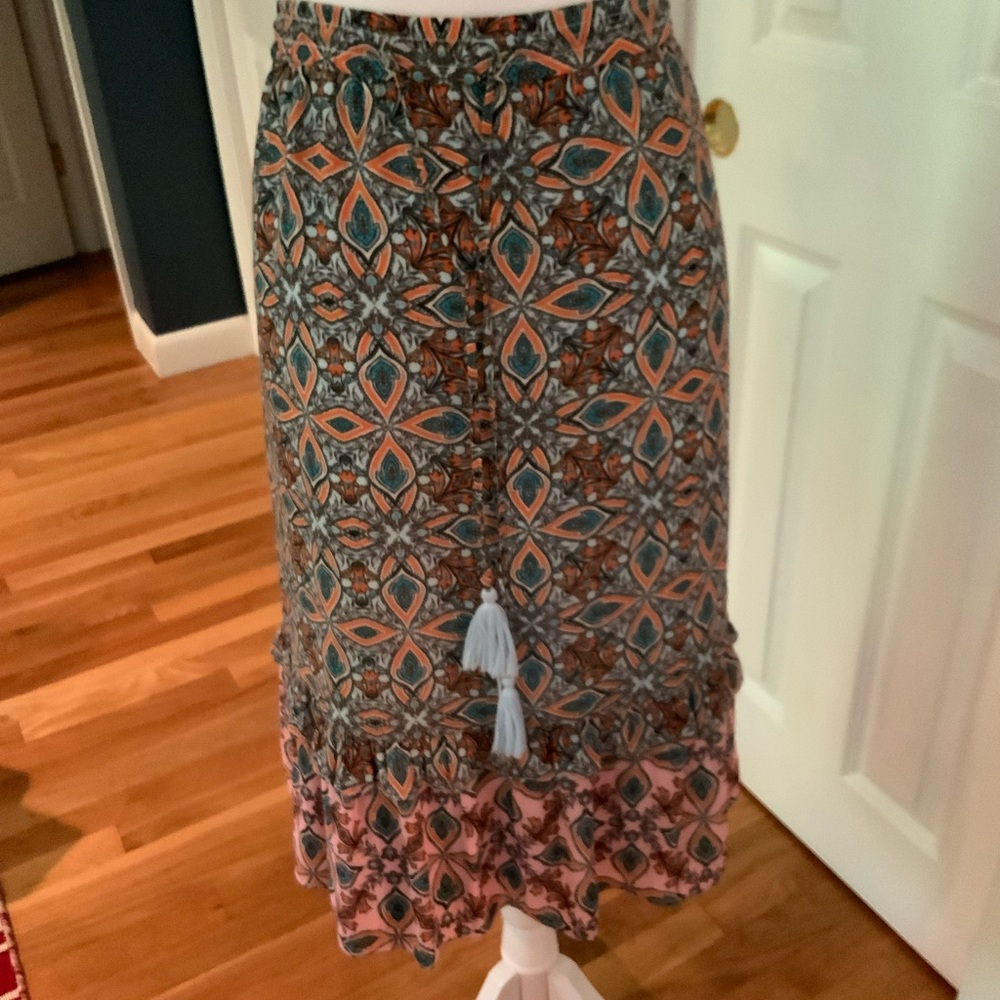 LOFT Multicolor Patterned Maxi Skirt with Tassel